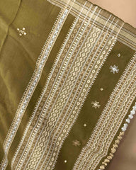 Mehendi Green Chomukh Mirror Kutchi Woolen Shawl