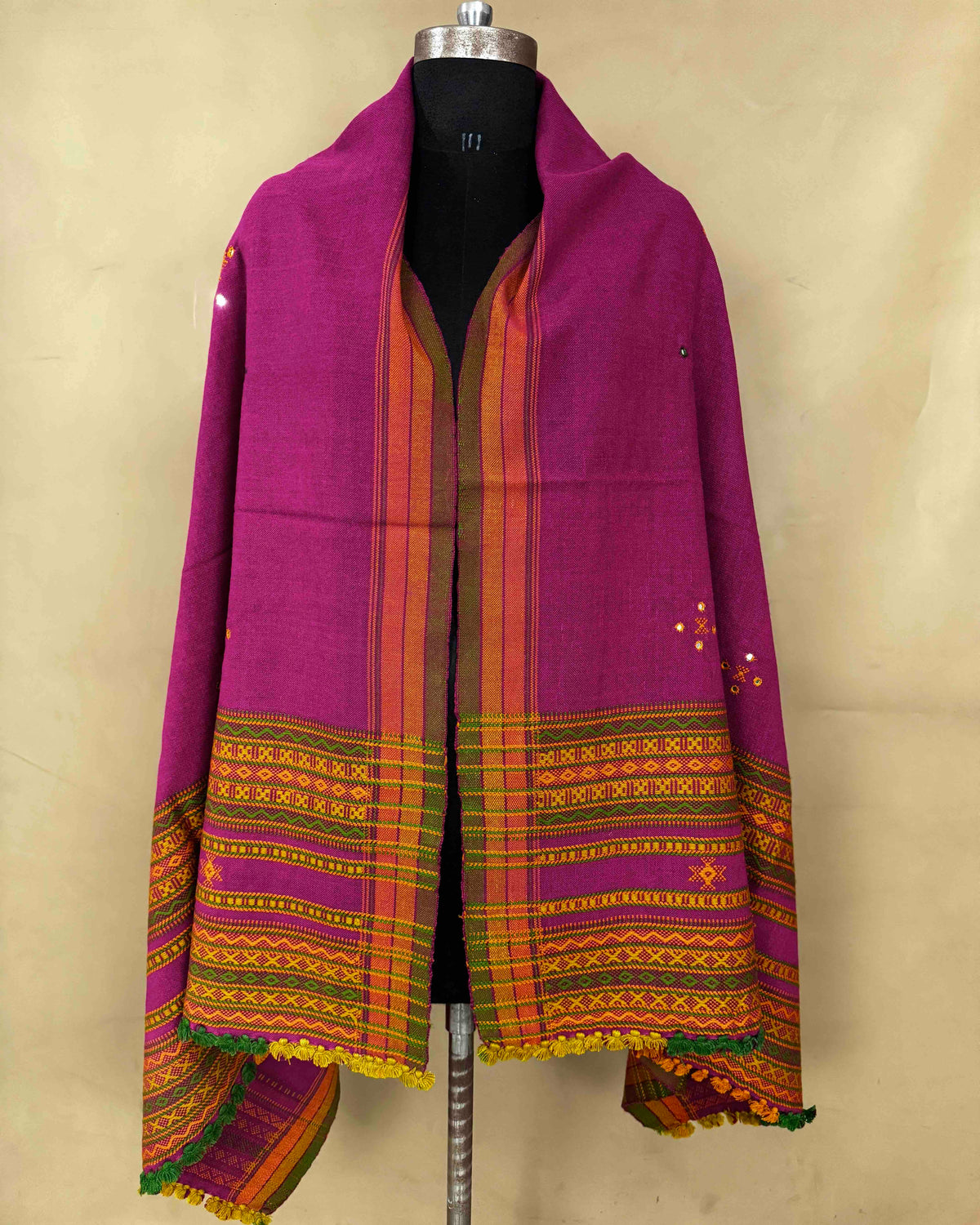 Pink Chomukh Mirror Kutchi Woolen Shawl