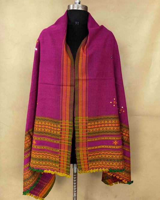 Pink Chomukh Mirror Kutchi Woolen Shawl