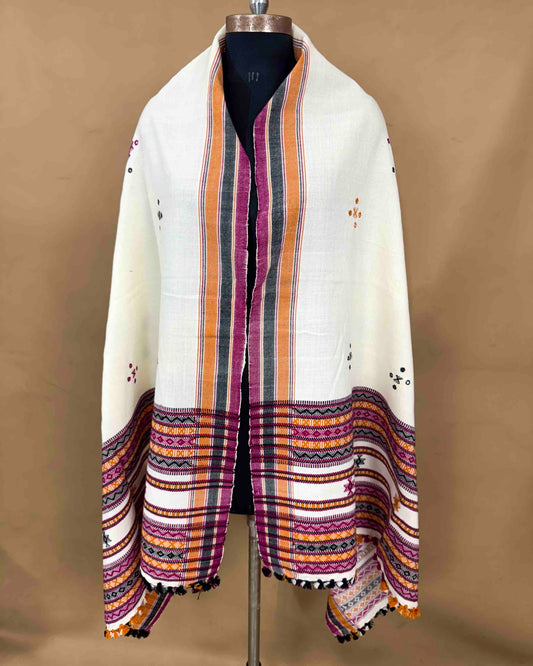 White Chomukh Mirror Kutchi Woolen Shawl