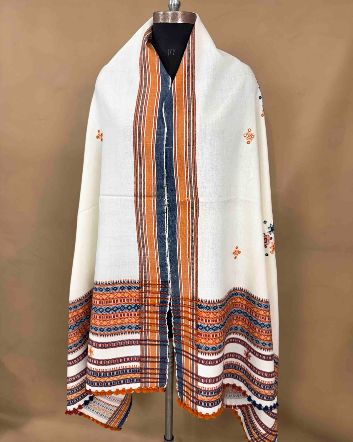 Off White Chomukh Mirror Kutchi Woolen Shawl