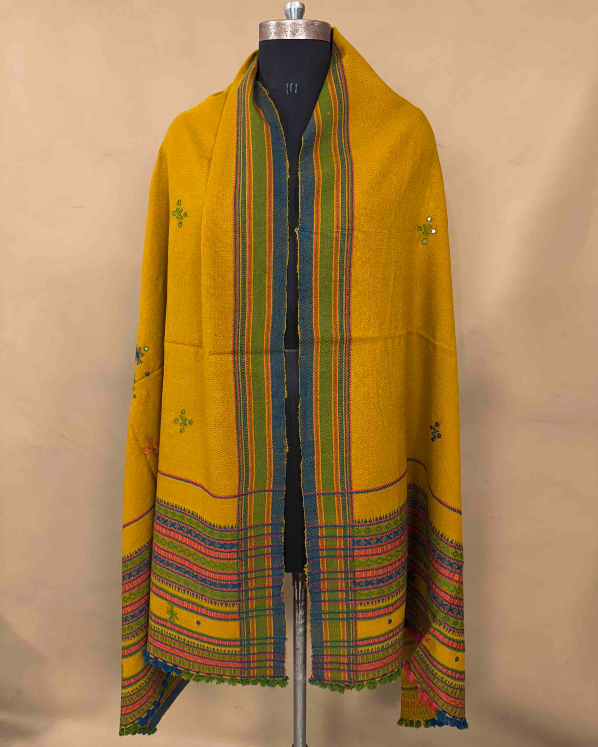 Mustard Yellow Chomukh Mirror Kutchi Woolen Shawl