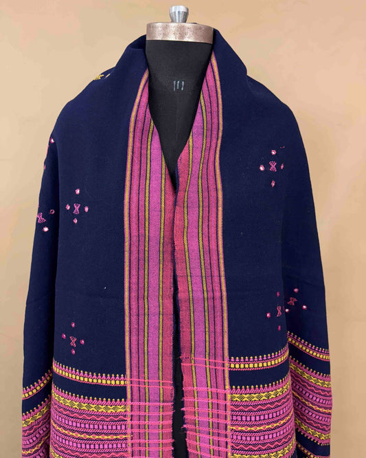 Navy Blue Chomukh Mirror Kutchi Woolen Shawl