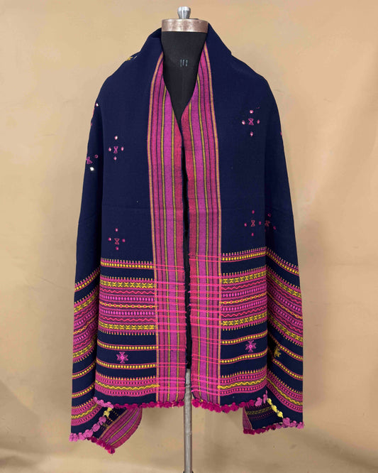 Navy Blue Chomukh Mirror Kutchi Woolen Shawl