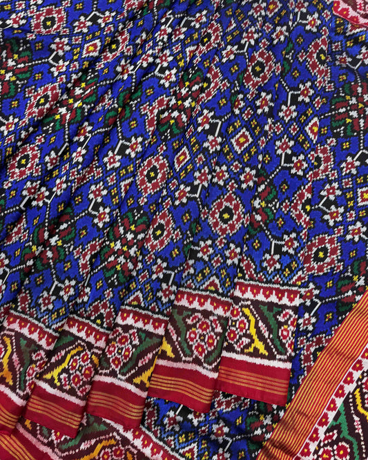 Red & Blue Navratan Twill Patola Saree