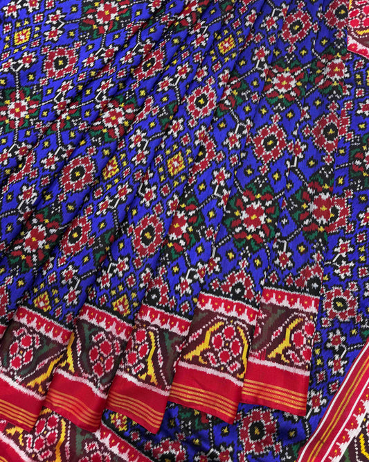 Red & Blue Navratan Twill Patola Saree