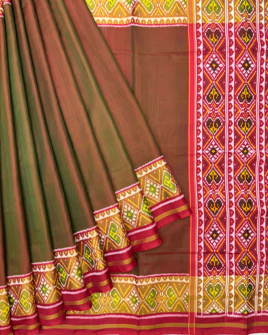 Red & Mehendi Plain Patola Saree