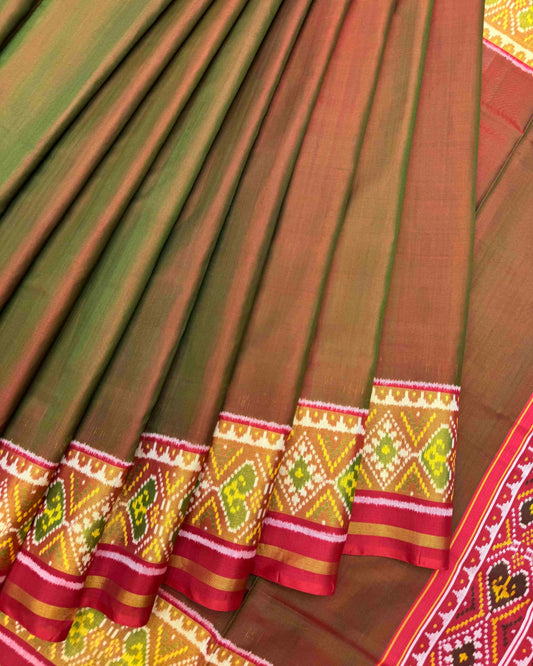 Red & Mehendi Plain Patola Saree