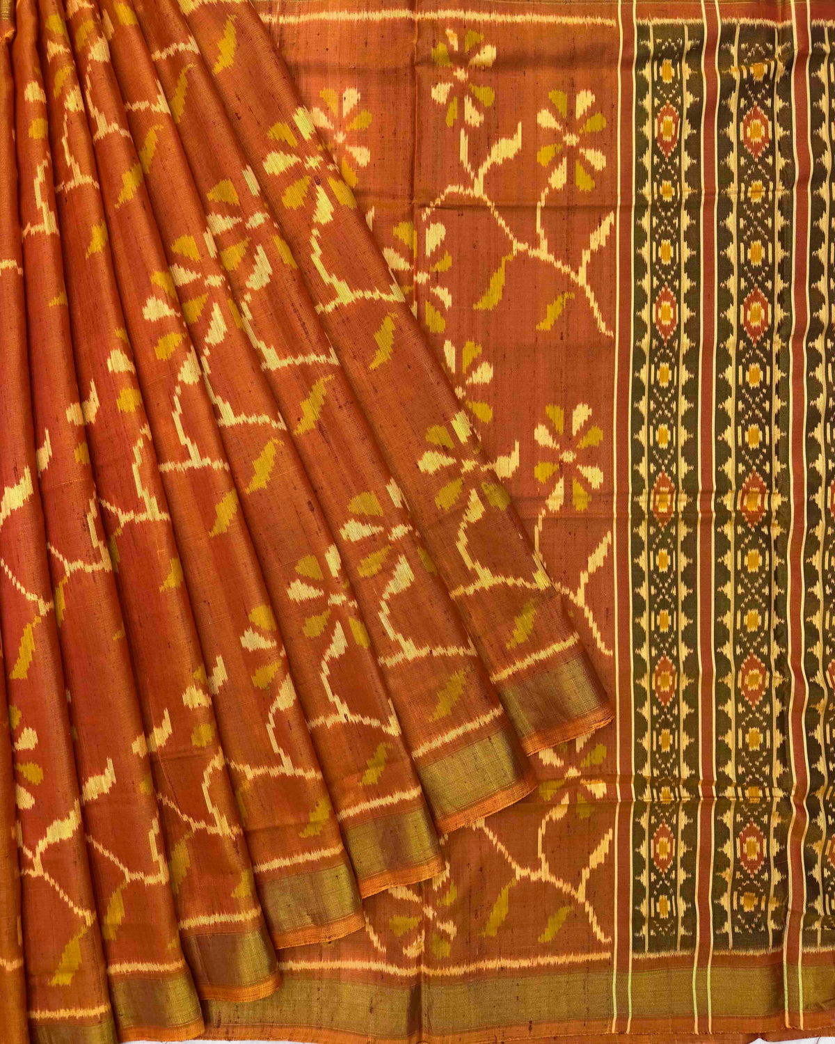 Rust Flower Leaves Raw Silk Patola Saree