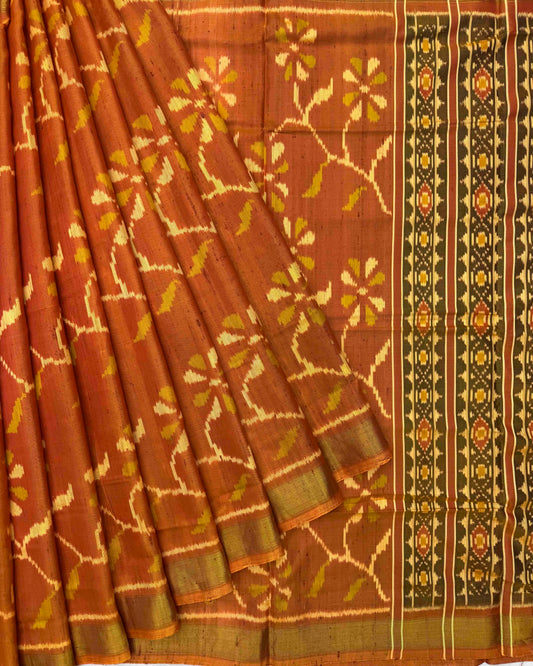 Rust Flower Leaves Raw Silk Patola Saree