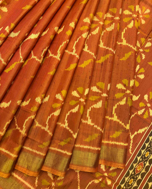 Rust Flower Leaves Raw Silk Patola Saree