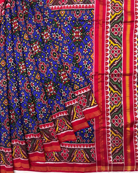 Red & Blue Navratan Twill Patola Saree