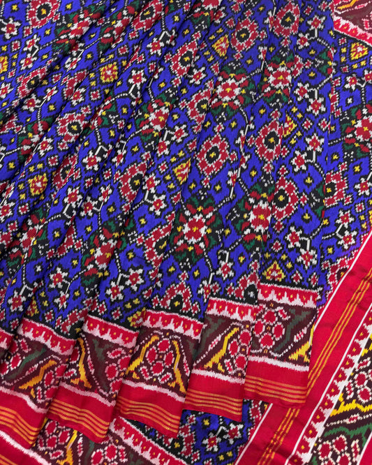 Red & Blue Navratan Twill Patola Saree