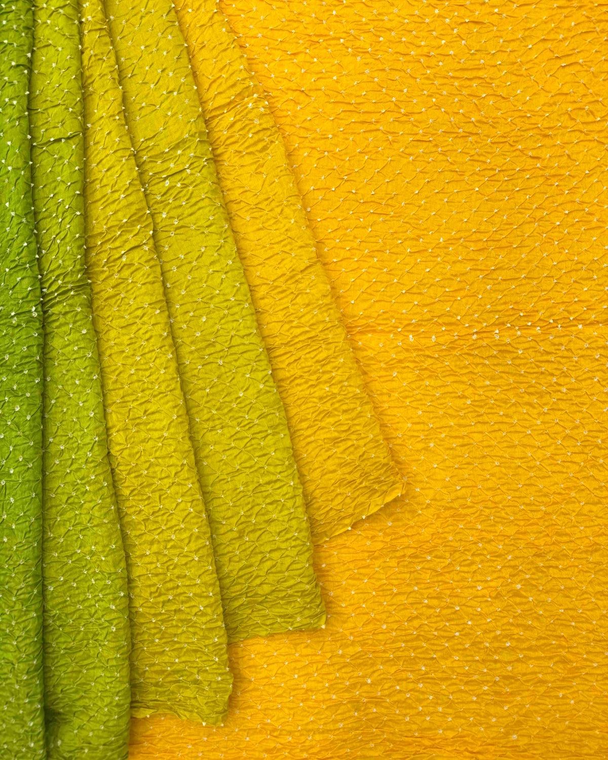 Parrot Green & Yellow Shaded Munga Silk Bandhani Saree