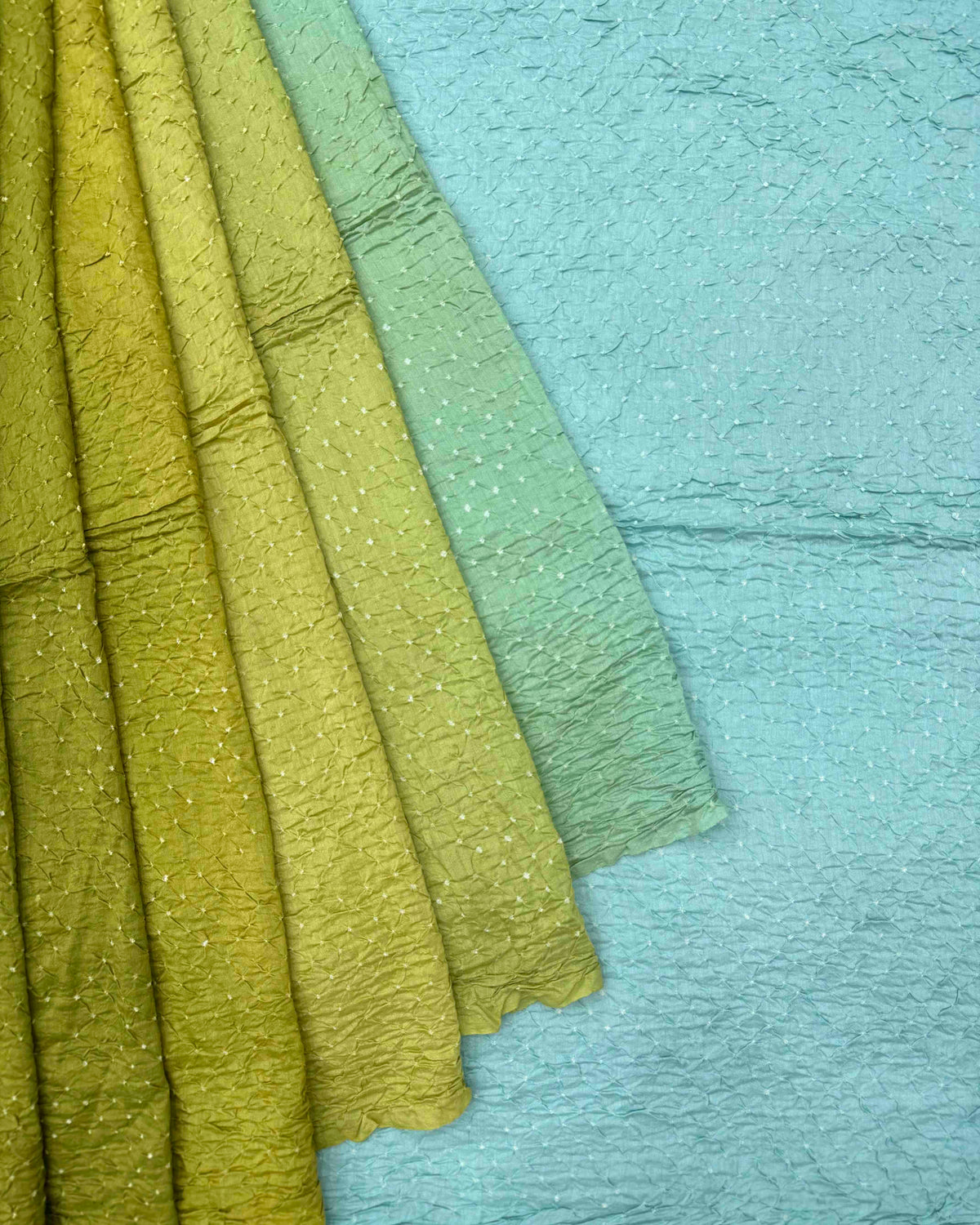 Sky Blue & Lemon Green Shaded Munga Silk Bandhani Saree