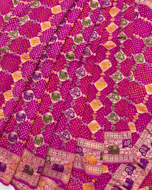 Pink & Purple Shaded Georgette Meenakari Bandhani Saree