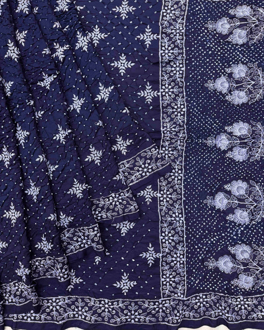 Indigo Blue Lakhnavi Work with Bandhej Bandhani Saree