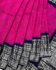 Navy Blue & Pink Kanjivaram Bandhani Saree