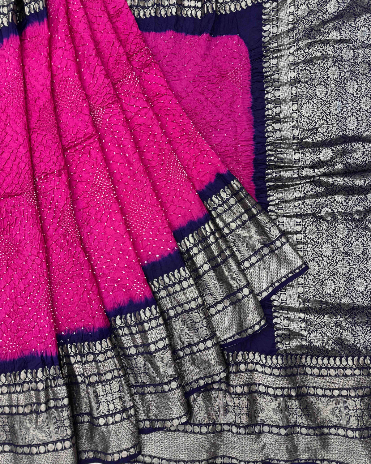 Navy Blue & Pink Kanjivaram Bandhani Saree