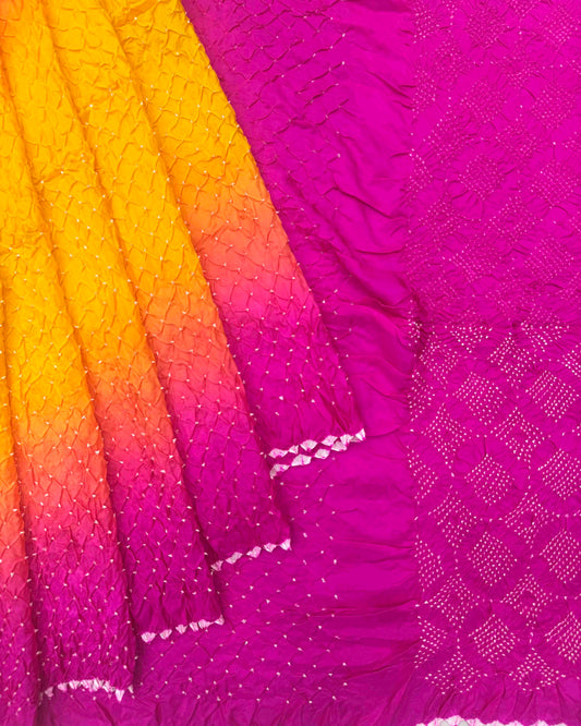 Pink & Yellow Shaded Habotai Bandhani Saree