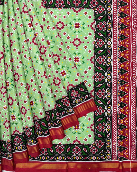 Red & Light Green Navratan Double Ikat Patola Saree