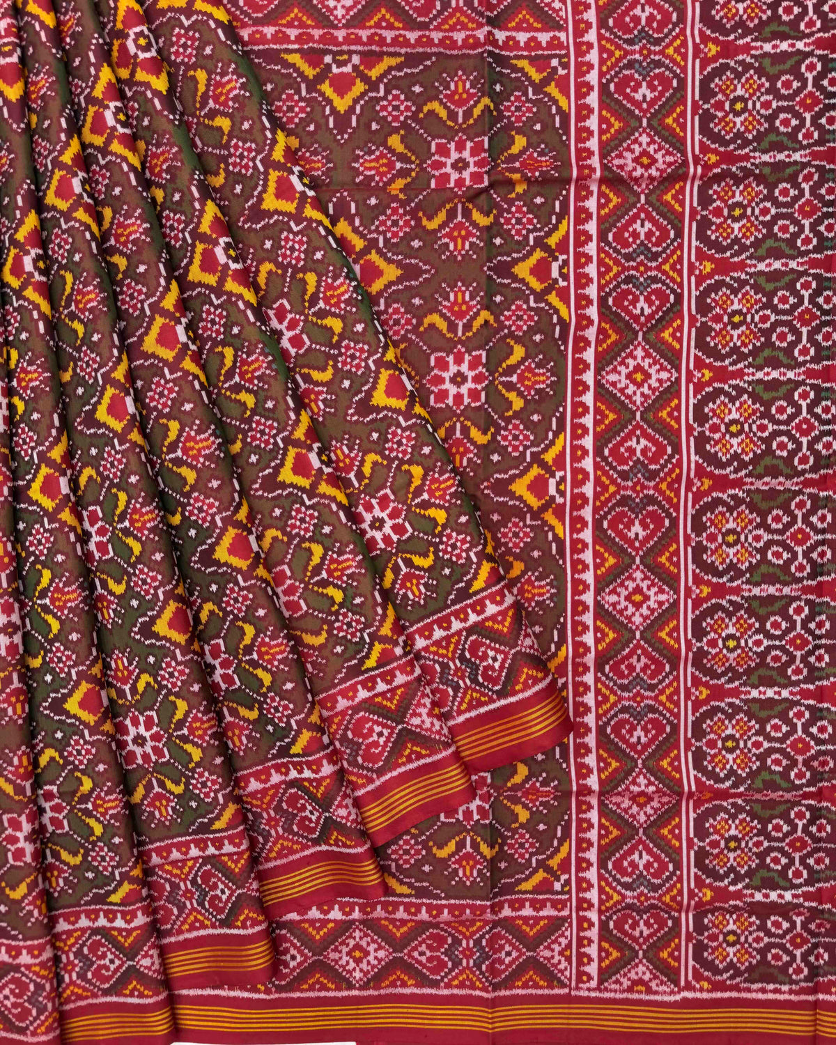 Red & Mehendi Navratan Chhabdi Semi Ikat Patola Saree