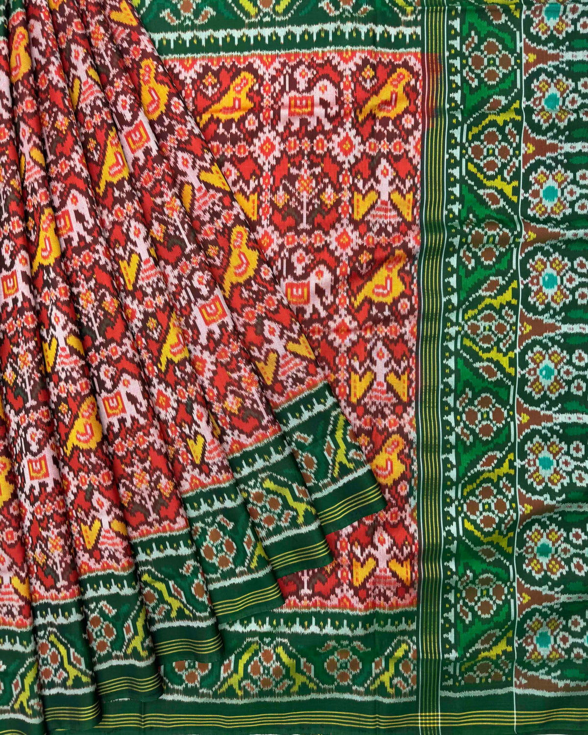 Green & Red Narikunj Semi Ikat Patola Saree