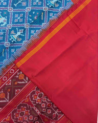 Red & Peacock Blue Narikunj Semi Double Ikat Patola Saree