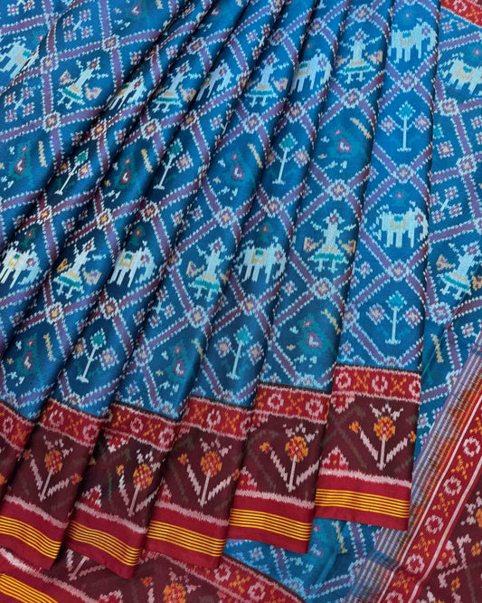 Red & Peacock Blue Narikunj Semi Double Ikat Patola Saree