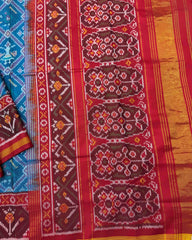 Red & Peacock Blue Narikunj Semi Double Ikat Patola Saree