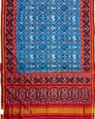 Red & Peacock Blue Narikunj Semi Double Ikat Patola Saree