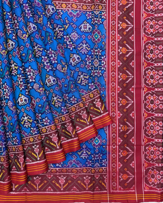 Red & Peacock Blue Narikunj Navratan Mix Semi Double Ikat Patola Saree