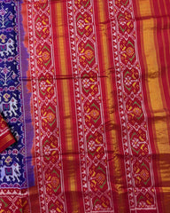 Red & Purplish Blue Narikunj Semi Double Ikat Patola Saree