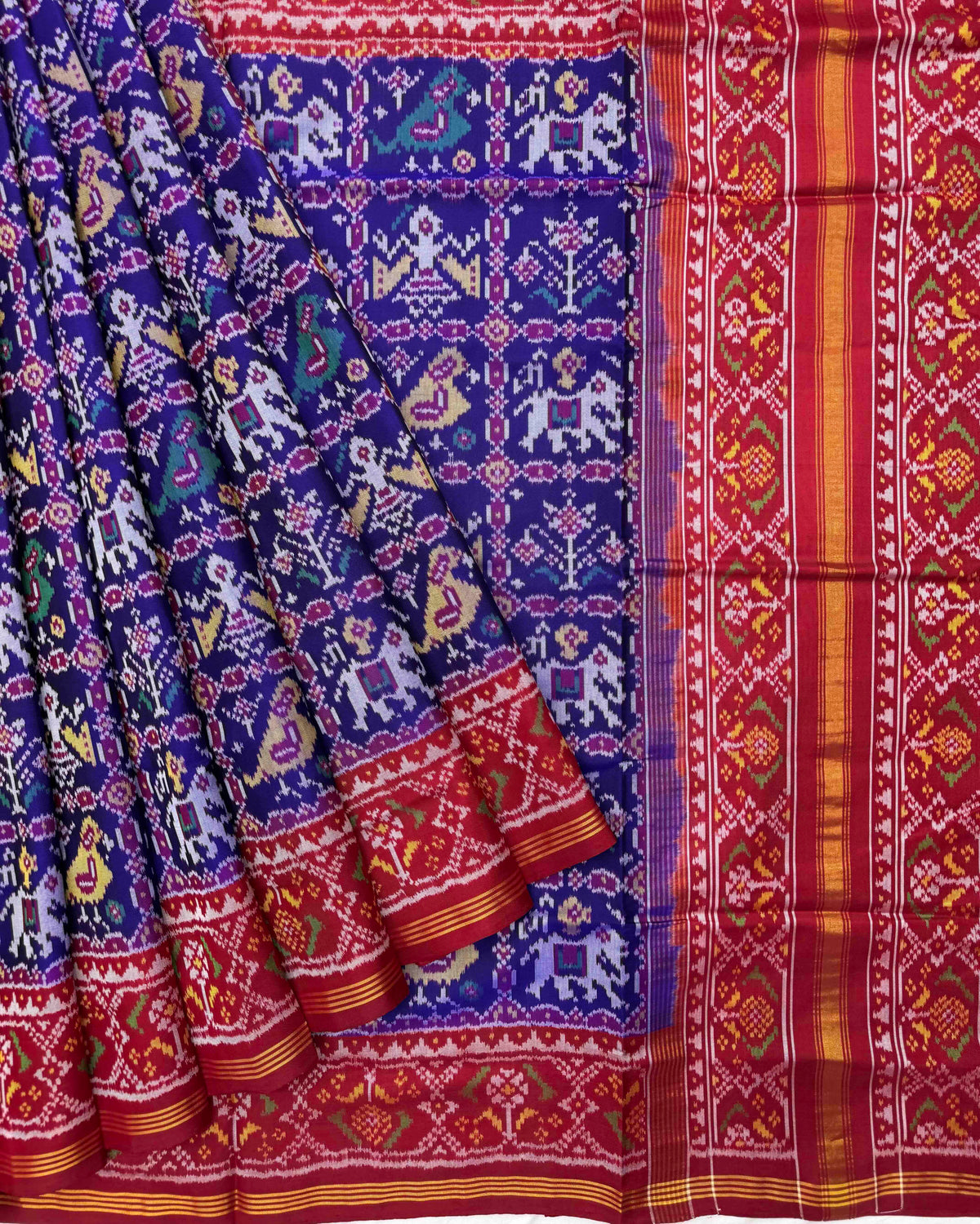 Red & Purplish Blue Narikunj Semi Double Ikat Patola Saree