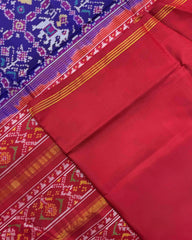 Red & Purplish Blue Narikunj Semi Double Ikat Patola Saree