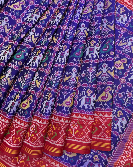 Red & Purplish Blue Narikunj Semi Double Ikat Patola Saree