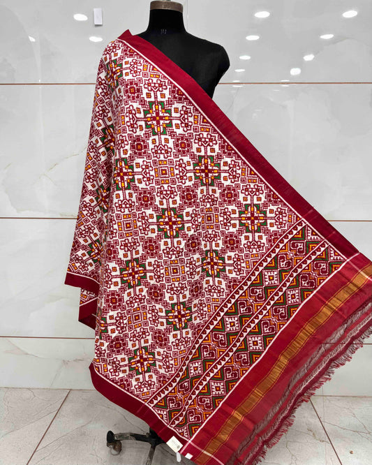 Red & White Navratan Double Ikat Patola Dupatta