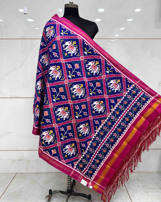 Pink & Blue Narikunj Double Ikat Patola Dupatta