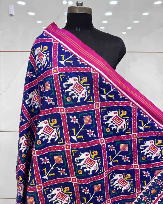 Pink & Blue Narikunj Double Ikat Patola Dupatta