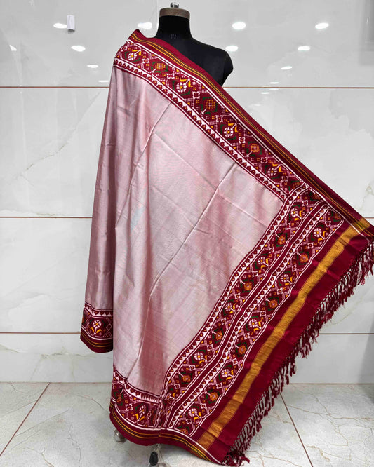 Maroon & Light Onion Plain Double Ikat Patola Dupatta