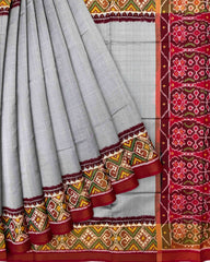 Maroon & Grey Plain Semi Double Ikat Patola Saree