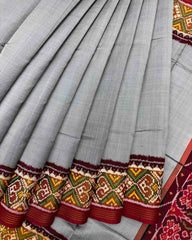 Maroon & Grey Plain Semi Double Ikat Patola Saree