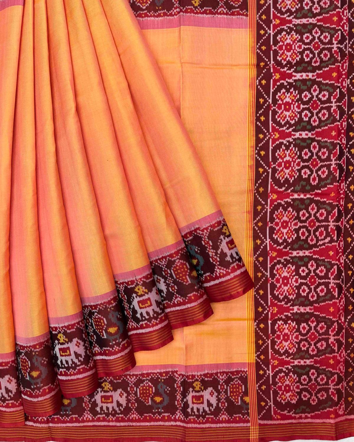 Maroon & Peach Plain Semi Double Ikat Patola Saree