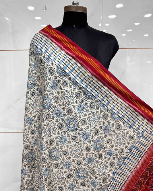 Red & Off White Ajarakh Print Patola Dupatta