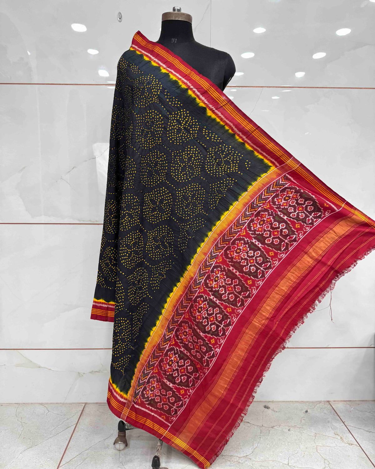 Red & Dark Grey Bandhani Patola Dupatta