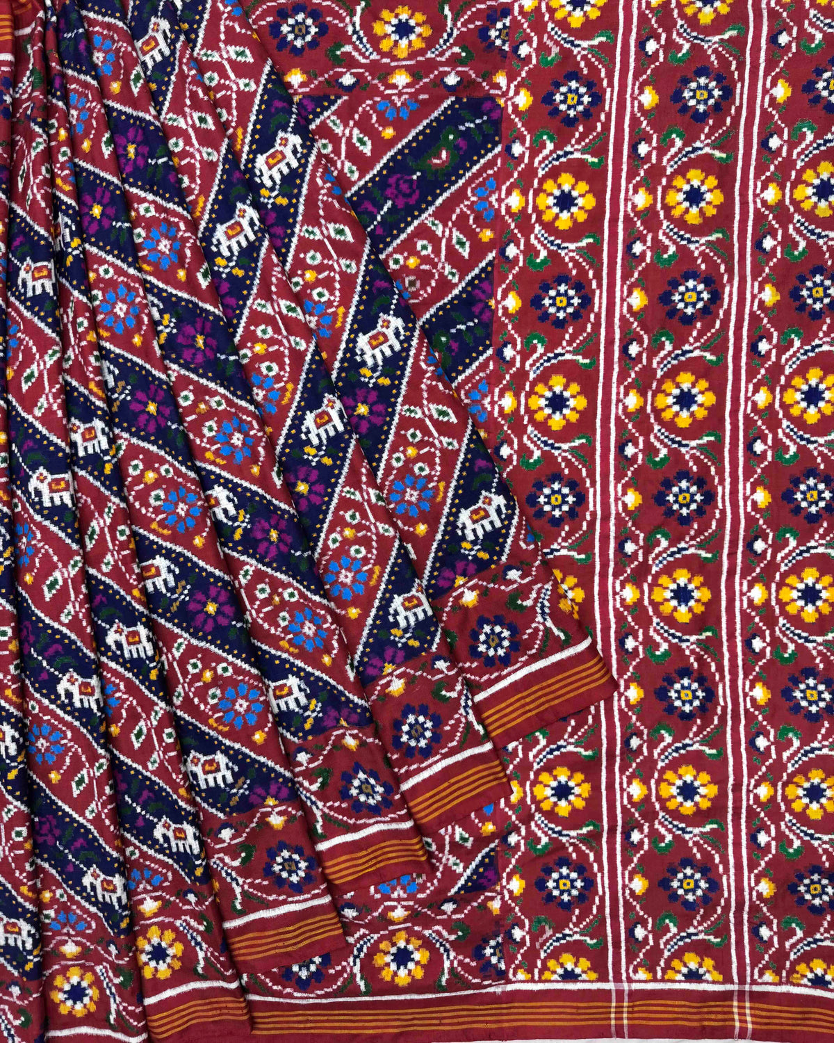 Red & Blue Leheriya Flower Narikunj Double Ikat Patola Saree