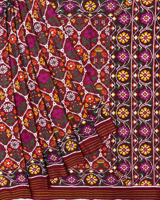 Maroon Flower Double Ikat Patola Saree