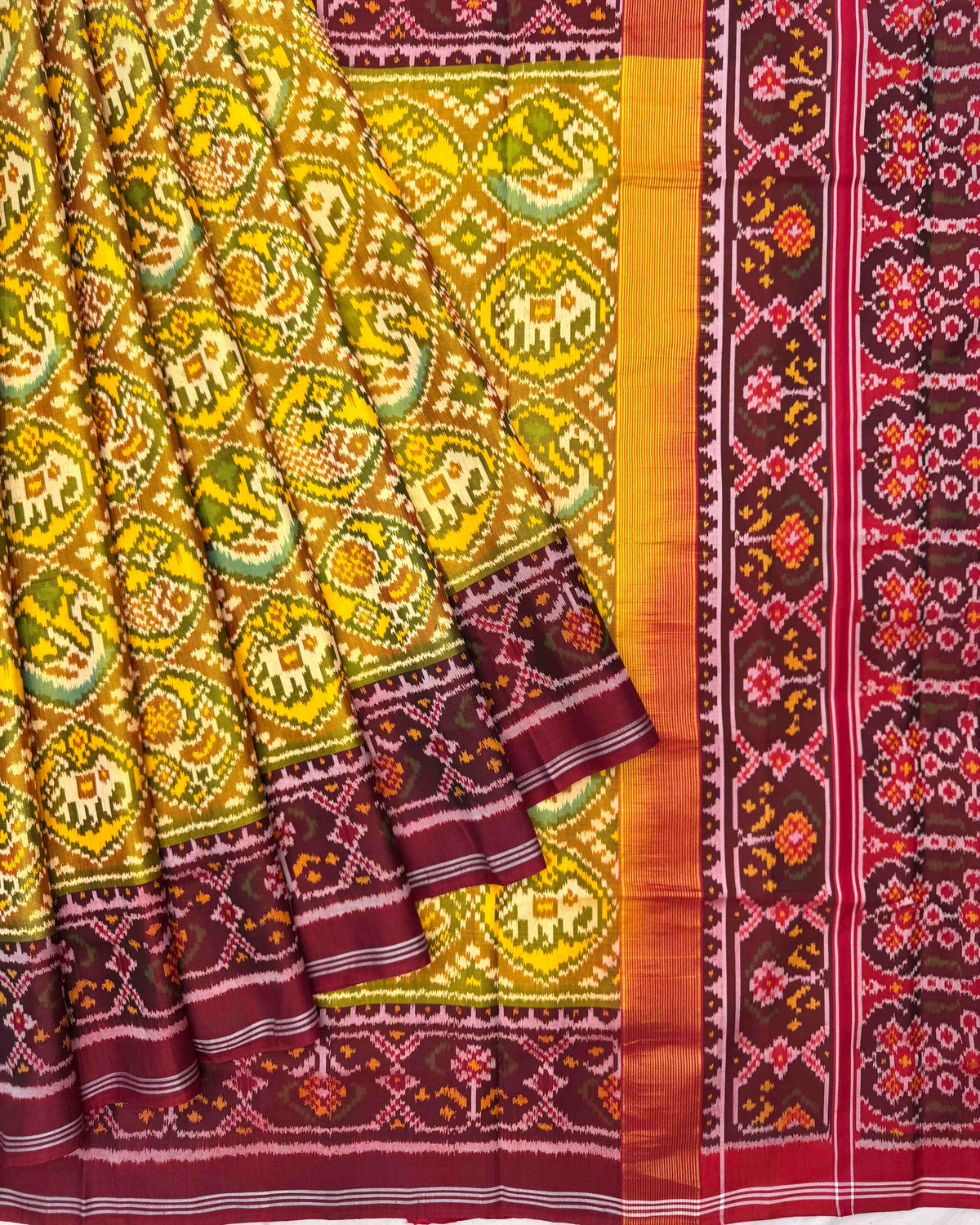 Red Maroon & Yellow Circle Narikunj Semi Double Ikat Patola Saree