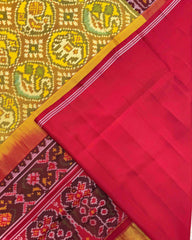 Red Maroon & Yellow Circle Narikunj Semi Double Ikat Patola Saree