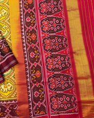 Red Maroon & Yellow Circle Narikunj Semi Double Ikat Patola Saree